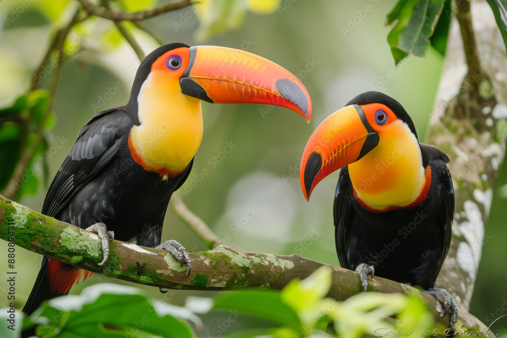 Obraz premium Two Toucans Perched on a Branch in a Lush Tropical Rainforest