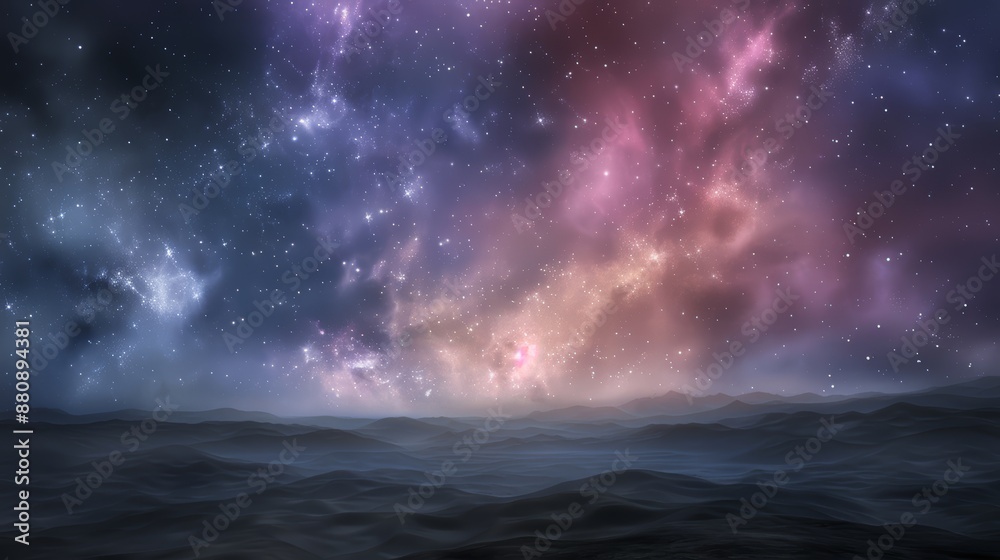 A mesmerizing view of the night sky filled with vibrant stars and galaxies, reflecting over a calm, dark ocean horizon. A mesmerizing view of the night sky filled with vibrant stars and galaxies, reflecting over a calm, dark ocean horizon.