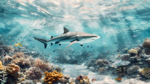 Wallpaper Mural A majestic shark swimming gracefully above a vibrant coral reef with sunlight filtering through the clear blue ocean water. Torontodigital.ca