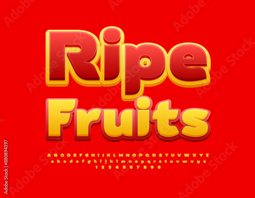Vector advertising banner Ripe Fruits. Yellow and Red Stylish Font. Modern Alphabet Letters and Numbers set.