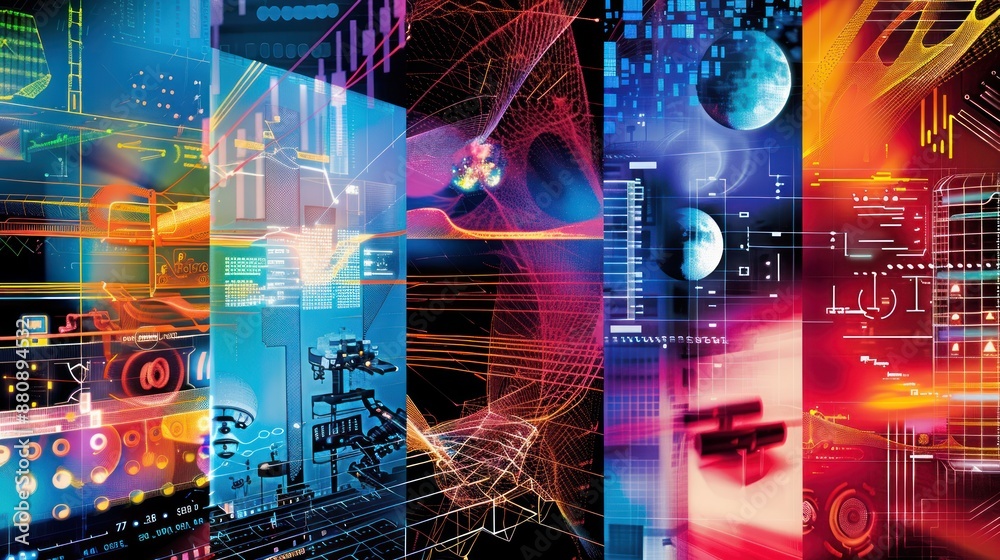 Digital Abstract with Geometric Shapes, Lines, and Glowing Colors