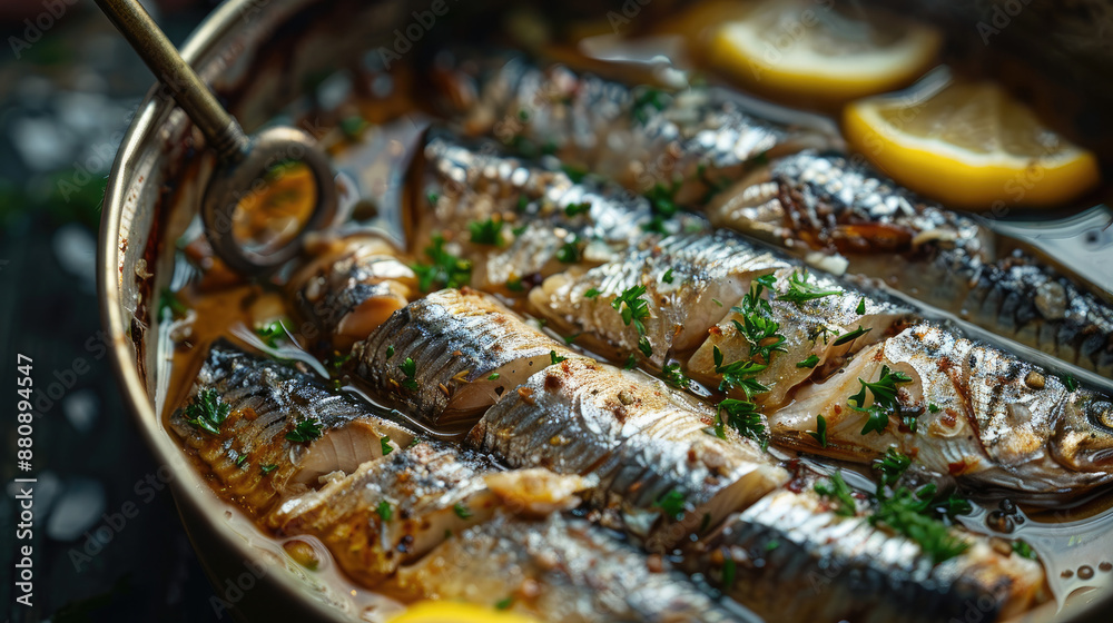 A can of sardines being opened with a key, showing the tightly packed fish A can of sardines being opened with a key, showing the tightly packed fish