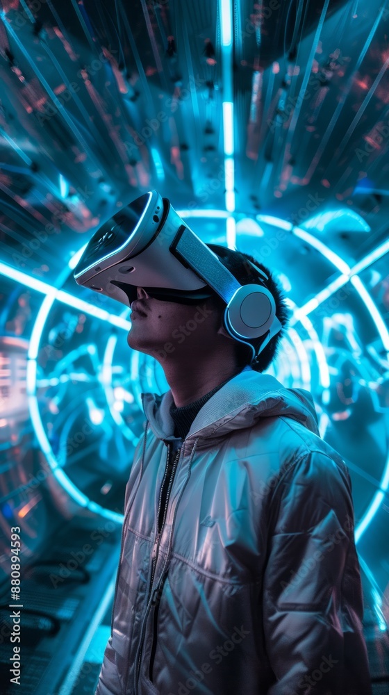 Man immersed in virtual reality with futuristic neon lights Man immersed in virtual reality with futuristic neon lights