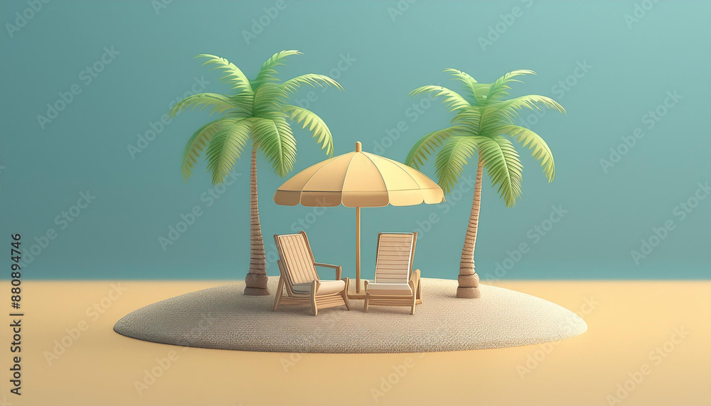 Obraz premium Miniature beach setting with palm trees and relaxation chairs