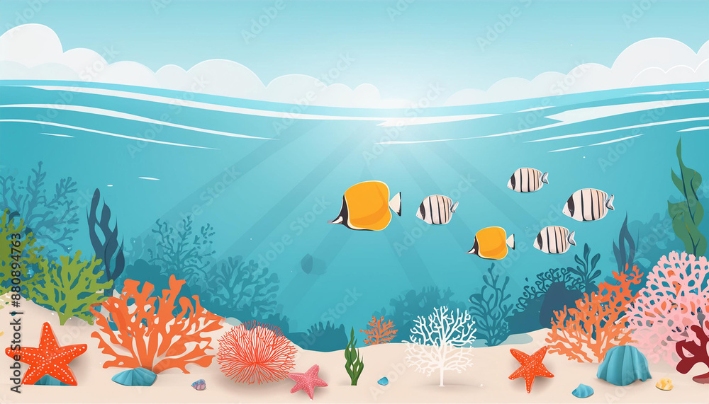 Fototapeta premium Sea life panorama with coral reefs as illustration