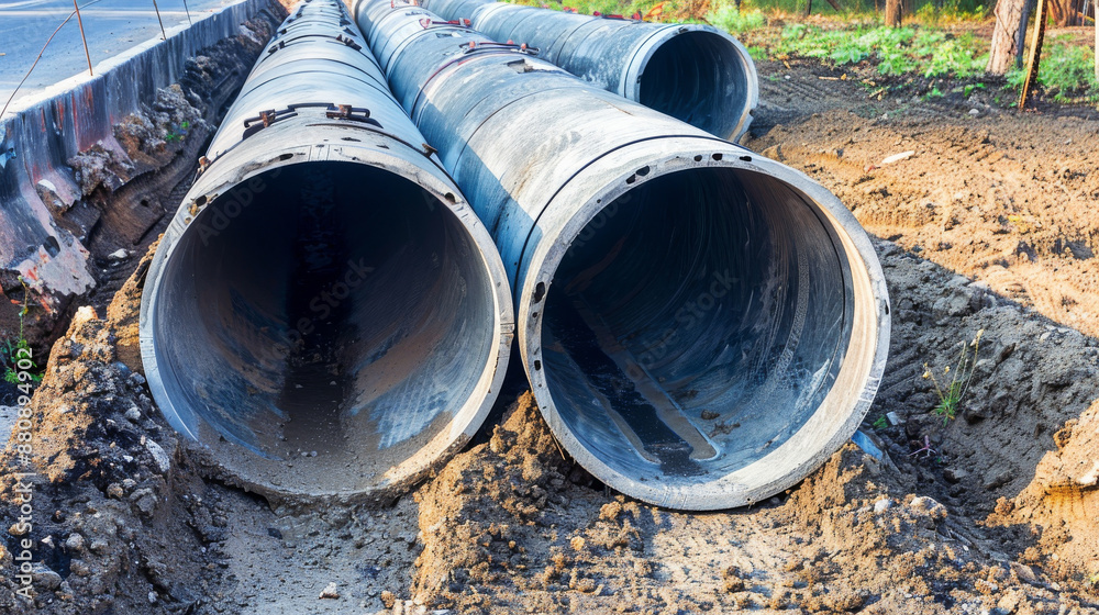 Large metal pipes laid on the ground at a construction site, ready for installation and use. Large metal pipes laid on the ground at a construction site, ready for installation and use.