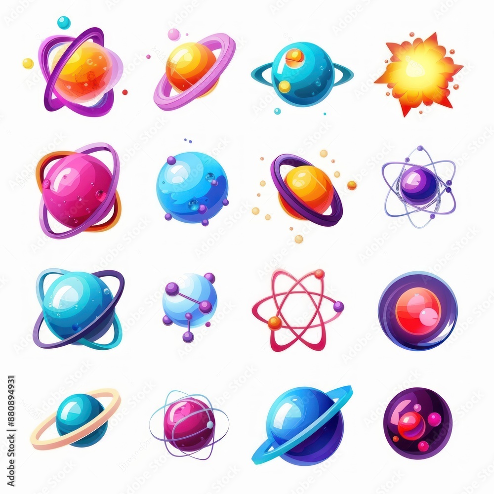 Colorful Cartoon Planets and Atoms Set Colorful Cartoon Planets and Atoms Set