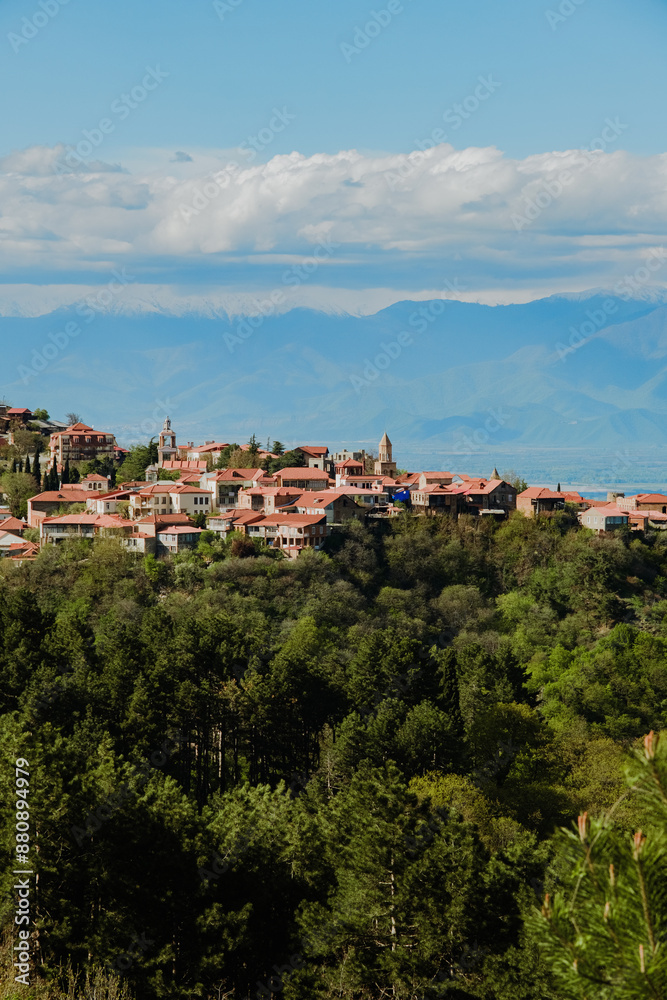 Signahi Signagi city town in Georgia. Sunny weather with clouds and mountains on a background. Roofs and houses on big hill. Travel in Sakartvelo, Georgia. Signahi Signagi city town in Georgia. Sunny weather with clouds and mountains on a background. Roofs and houses on big hill. Travel in Sakartvelo, Georgia.