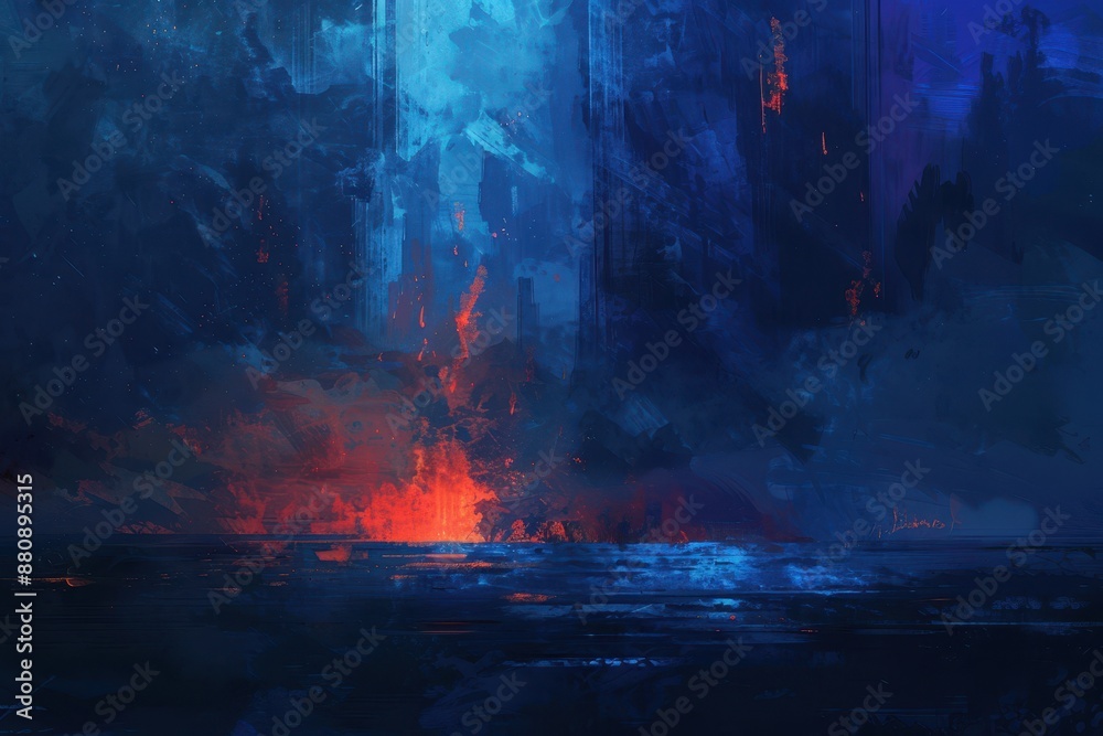 Fototapeta premium Glowing orange fire and blue water in abstract digital painting