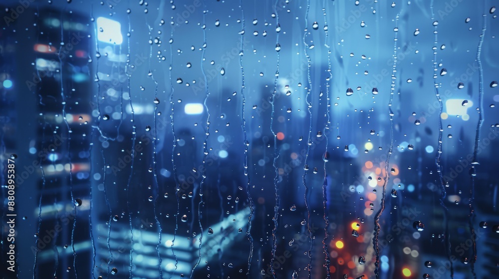 Fototapeta premium A stunning night cityscape photo during a rainstorm capturing raindrops on a window and vibrant city lights