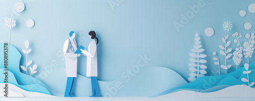 Abstract illustration of doctor discussing health problems with patient. Papercutting applique. Medical health care concept.