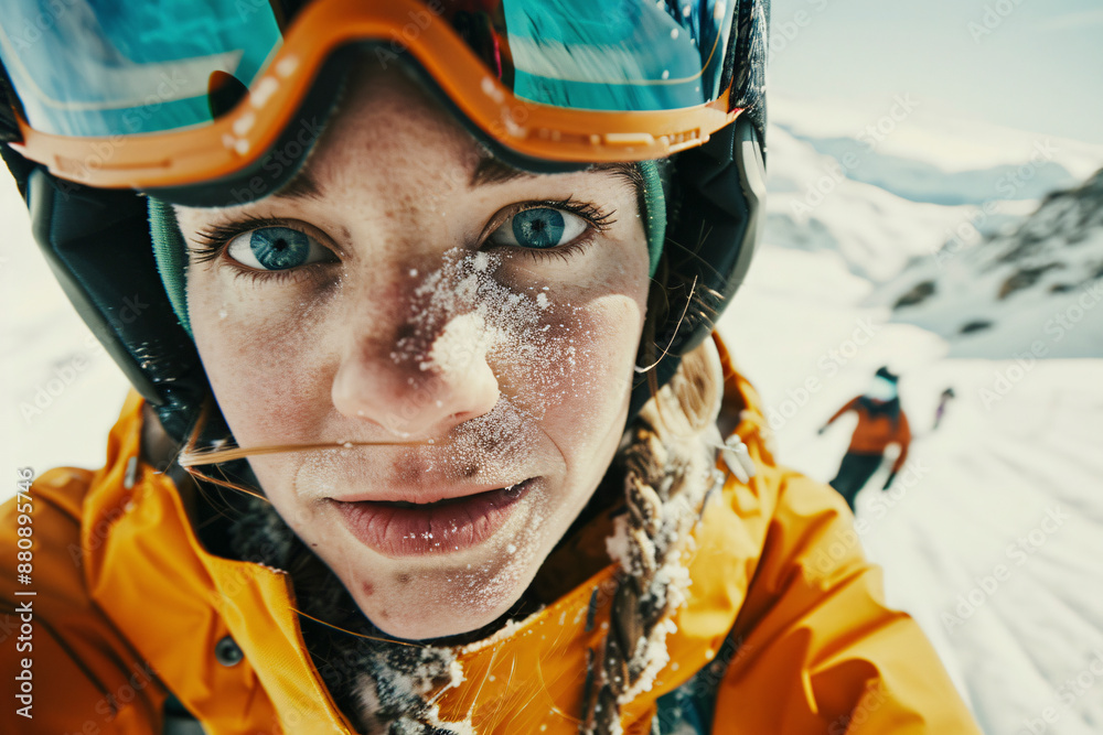 © CarloSanchezPereyra - A close-up of a skier in a yellow jacket and helmet, mid-action in the snowy mountains, showing the thrill and intensity of skiing through the alpine terrain. © CarloSanchezPereyra - A close-up of a skier in a yellow jacket and helmet, mid-action in the snowy mountains, showing the thrill and intensity of skiing through the alpine terrain.