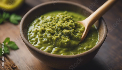 salsa verde in a stylish bowl, with a wooden spoon for serving, ad shot, copy space for text 