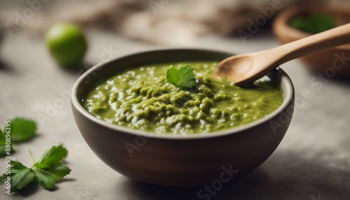 salsa verde in a stylish bowl, with a wooden spoon for serving, ad shot, copy space for text 