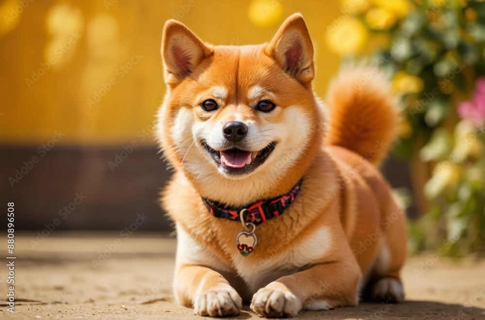 Happy shiba inu dog lying on ground Happy shiba inu dog lying on ground