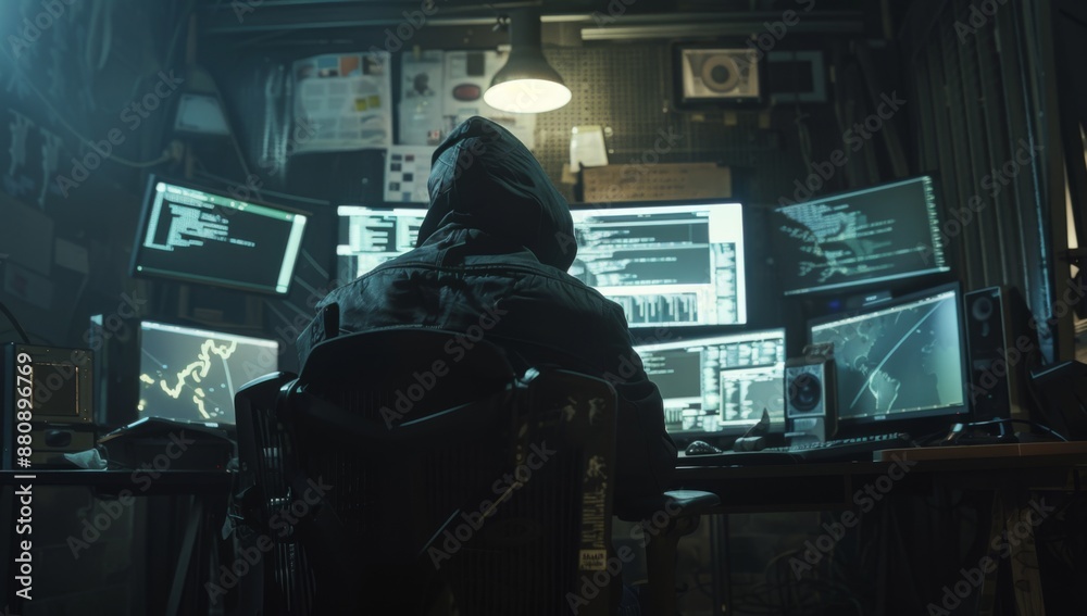 hacker sitting in front of many computer screens