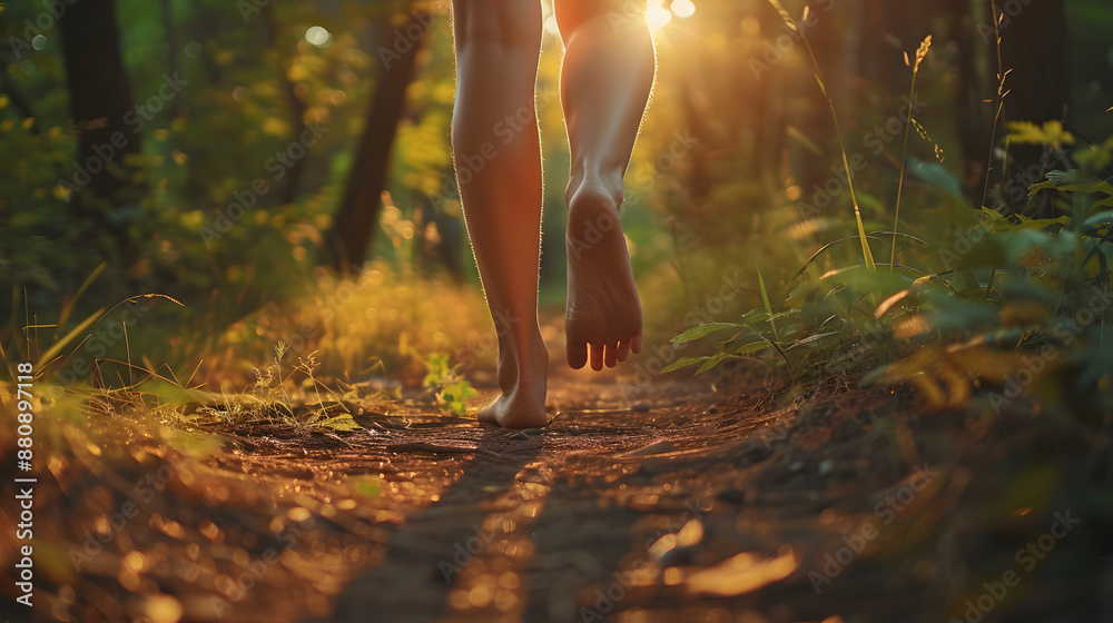 Woman walking barefoot at sunset in a forest setting. Woman walking barefoot at sunset in a forest setting.