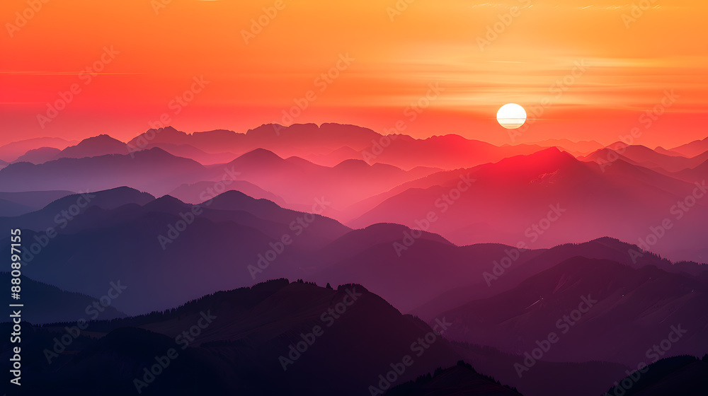 A beautiful sunset over a mountain range with a large sun in the sky A beautiful sunset over a mountain range with a large sun in the sky