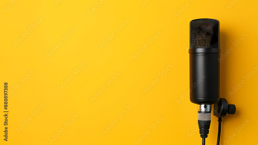 Professional black microphone against vibrant yellow background, perfect for music and podcast themes.