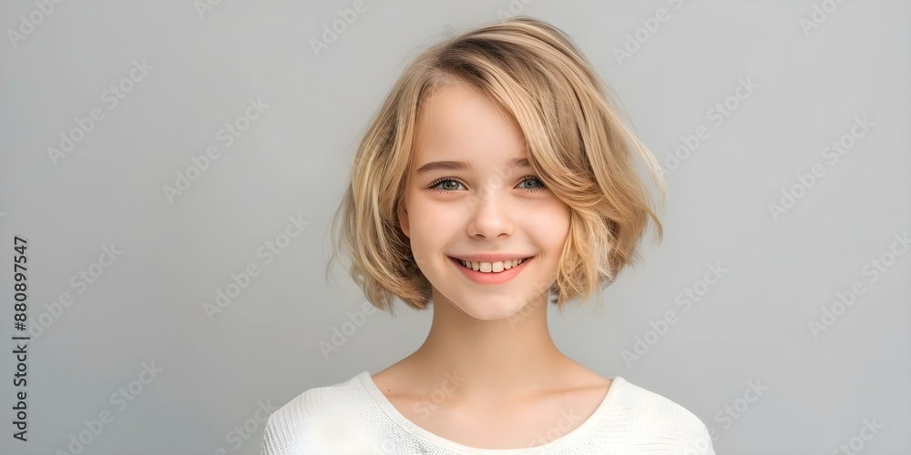 Portrait of happy blonde teen girl with short hair on gray background. Concept Blonde Teen Girl, Happy Portraits, Short Hair, Gray Background, Joyful Expression Portrait of happy blonde teen girl with short hair on gray background. Concept Blonde Teen Girl, Happy Portraits, Short Hair, Gray Background, Joyful Expression