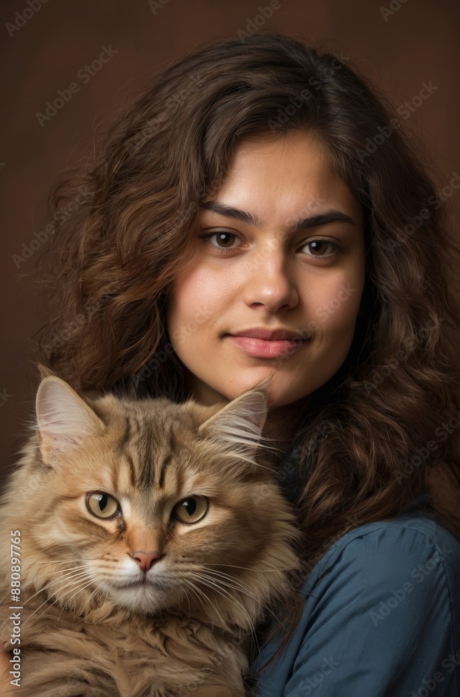 Portrait of young woman holding fluffy brown cat in arms Portrait of young woman holding fluffy brown cat in arms