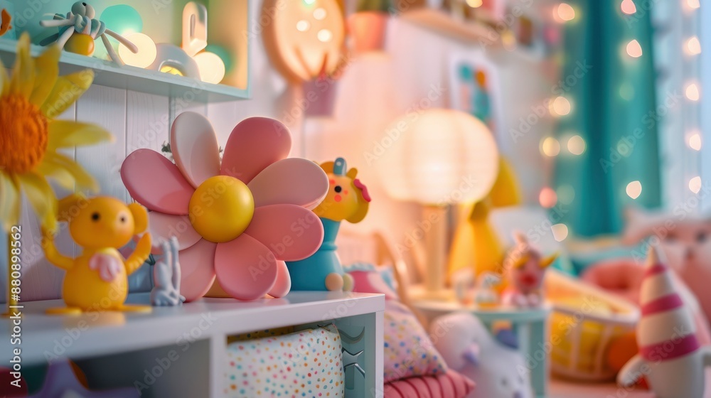 A playful and colorful child's room filled with beauty toys and cheerful decor, soft lighting creating a lively and inviting atmosphere A playful and colorful child's room filled with beauty toys and cheerful decor, soft lighting creating a lively and inviting atmosphere