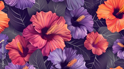 Wallpaper Mural Elegant seamless floral pattern for wedding or greeting cards featuring violet orange and magenta hibiscus flowers Torontodigital.ca