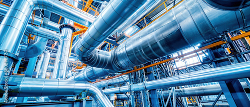 Interior Of Modern Industrial Plant with large metal pipes and complex machinery. The facility features an intricate network of ducts and supports.