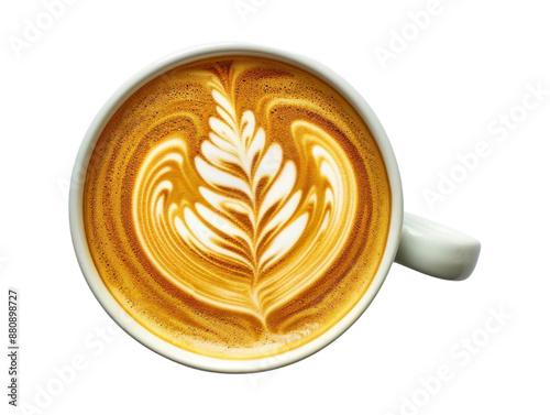 Top-down view of a cappuccino featuring an intricate latte art design. The frothy milk contrasts beautifully with the rich espresso, creating a visually appealing and delicious beverage. cut out trans photo