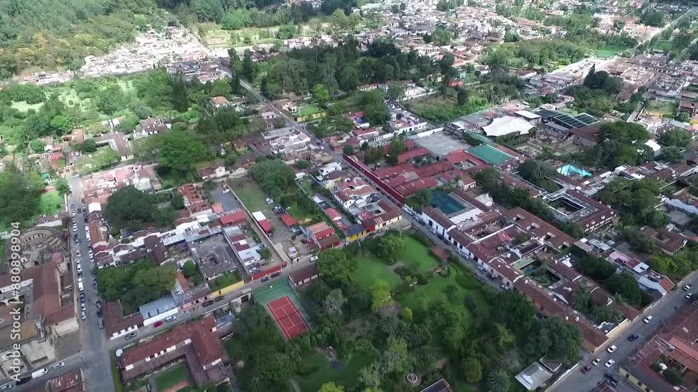 Antigua City in Guatemala. Beautiful Old Town and Downtown. Drone Point of View. Sightseeing Antigua City in Guatemala. Beautiful Old Town and Downtown. Drone Point of View. Sightseeing