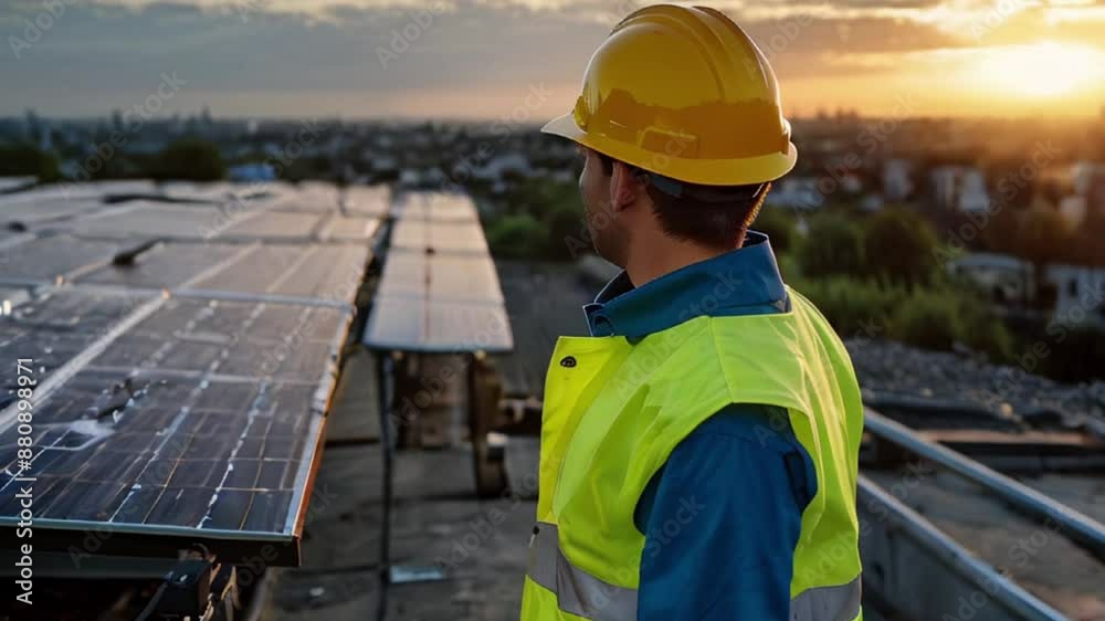 Construction Worker Wearing a Hard Hat and Safety Vest Inspecting Solar Panels at Sunset Construction Worker Wearing a Hard Hat and Safety Vest Inspecting Solar Panels at Sunset