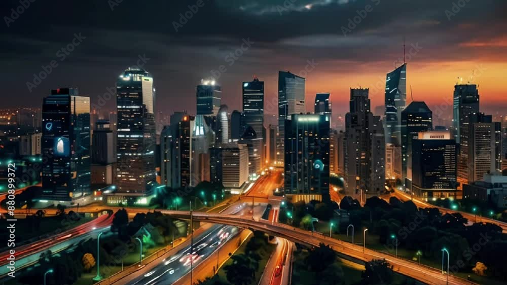 Aerial View of a City Skyline with Traffic at Night Aerial View of a City Skyline with Traffic at Night