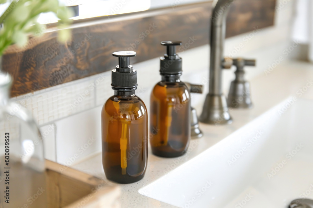 Set of amber cosmetic bottles with towels on marble sink in bathroom. Natural beauty product concept, branding mock-up Set of amber cosmetic bottles with towels on marble sink in bathroom. Natural beauty product concept, branding mock-up