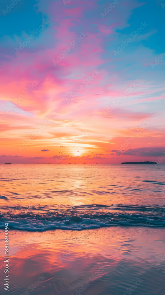 Naklejka premium Sunset beach scene with dramatic orange, pink, and purple hues in serene coastal paradise, perfect for travel and relaxation.