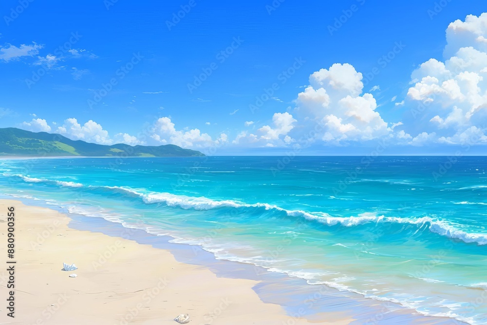 A detailed beach scene with waves crashing against the shore under a clear sky A detailed beach scene with waves crashing against the shore under a clear sky