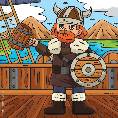 Viking Drinking Mead Colored Cartoon Illustration