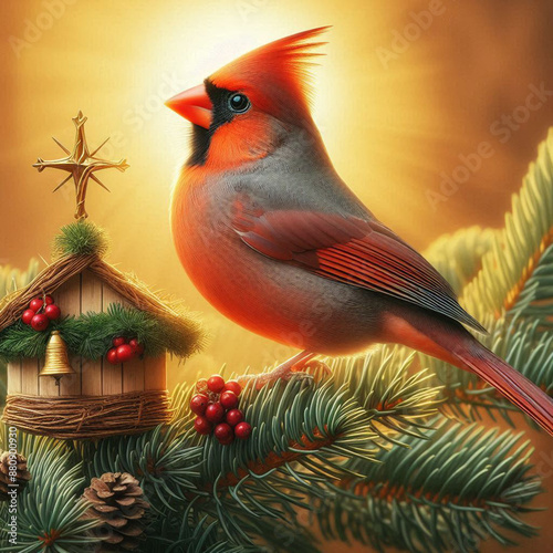 Close-up Northern Cardinal perching on branch,Bird Photography
