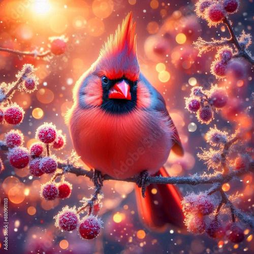 Close-up Northern Cardinal perching on branch,Bird Photography