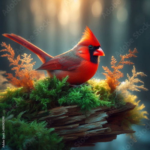 Close-up Northern Cardinal perching on branch,Bird Photography