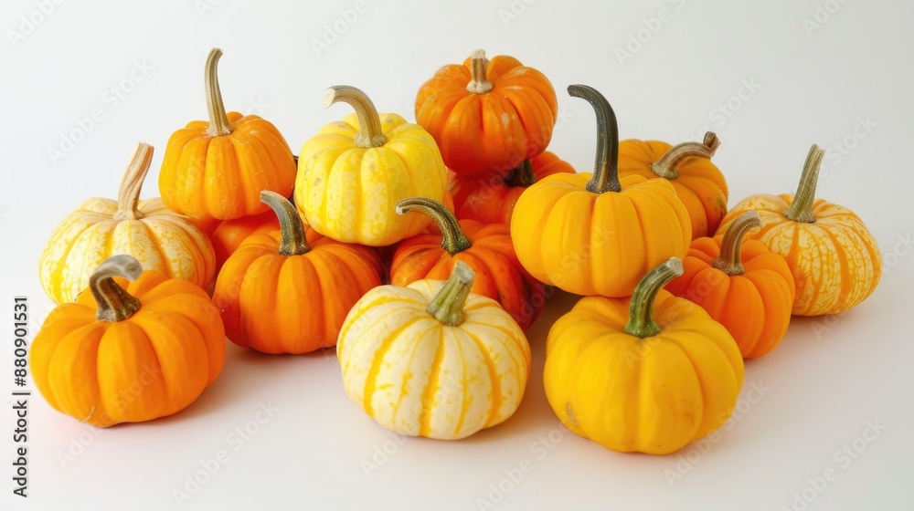 Vibrant mini pumpkins on a white backdrop autumn theme for Halloween or Thanksgiving Vibrant mini pumpkins on a white backdrop autumn theme for Halloween or Thanksgiving