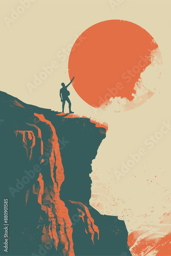 "Silhouette of a Person Reaching for the Sun on a Cliff Edge"