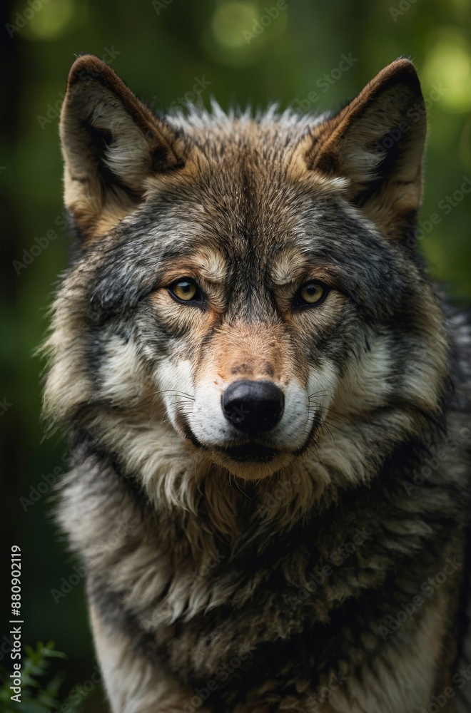 Close-up portrait of grey and brown wolf with piercing yellow eyes in forest Close-up portrait of grey and brown wolf with piercing yellow eyes in forest