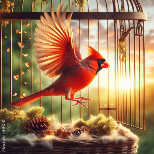 Close-up Northern Cardinal perching on branch,Bird Photography