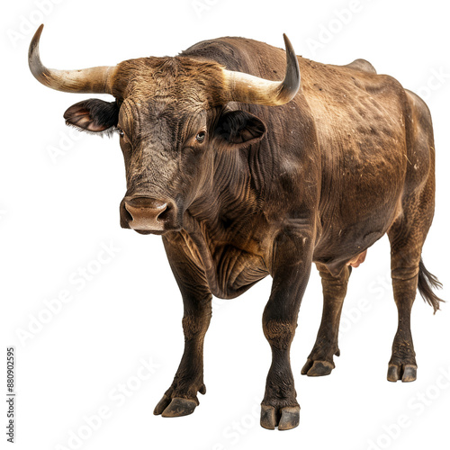 Lifelike image of a brown bull with large horns, cut out and placed on a transparent grid background