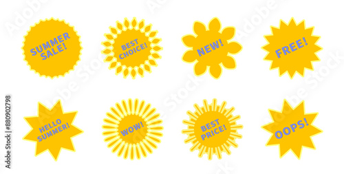 Yellow stickers promo set. Vector collection of flat starburst with promotion text oops, free, summer sale, wow, best price, choice, new. Retro 70s or 80s discount badge, sunray promotional element