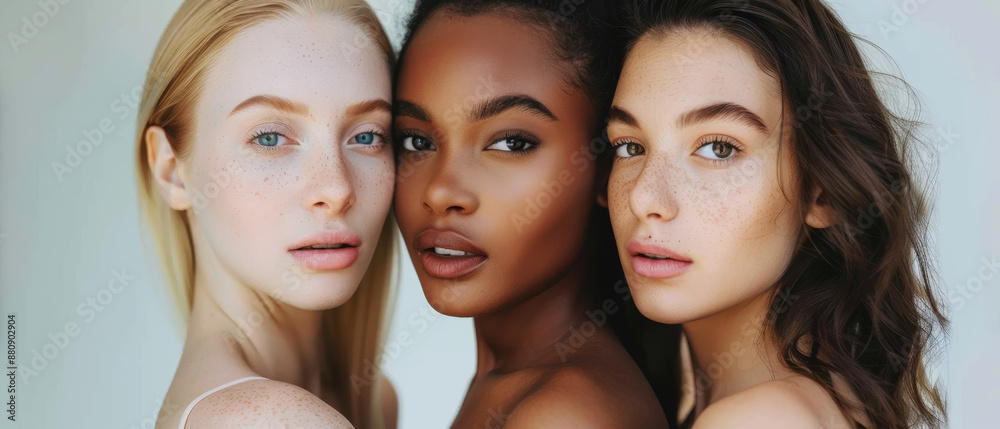 Three women with diverse skin tones and natural beauty, close together, radiating confidence and unity. Three women with diverse skin tones and natural beauty, close together, radiating confidence and unity.