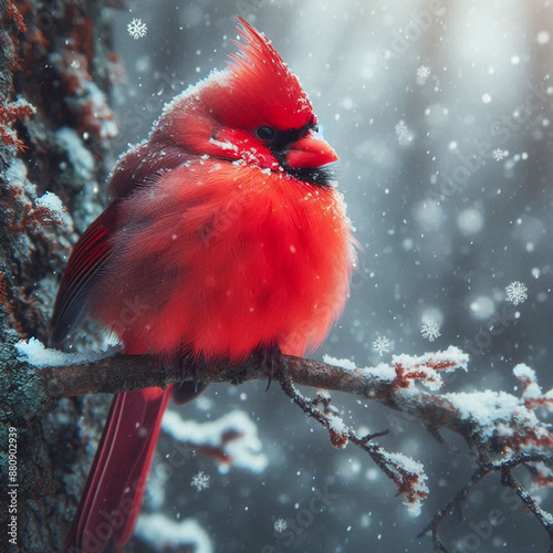 Close-up Northern Cardinal perching on branch,Bird Photography