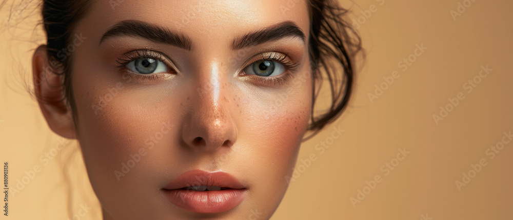 A close-up portrait of a person with bright blue eyes, soft freckles, and a serene expression, set against a warm beige background, capturing natural beauty. A close-up portrait of a person with bright blue eyes, soft freckles, and a serene expression, set against a warm beige background, capturing natural beauty.