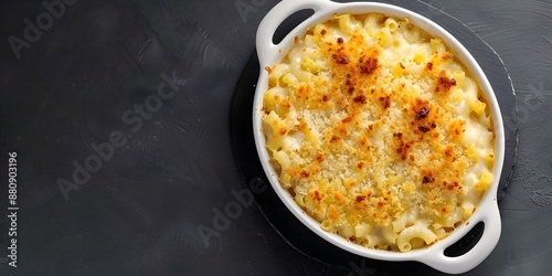Wallpaper Mural Overhead shot of classic mac and cheese with breadcrumbs on dark table. Concept Food Photography, Classic Mac and Cheese, Overhead Shot, Dark Table, Breadcrumbs Torontodigital.ca