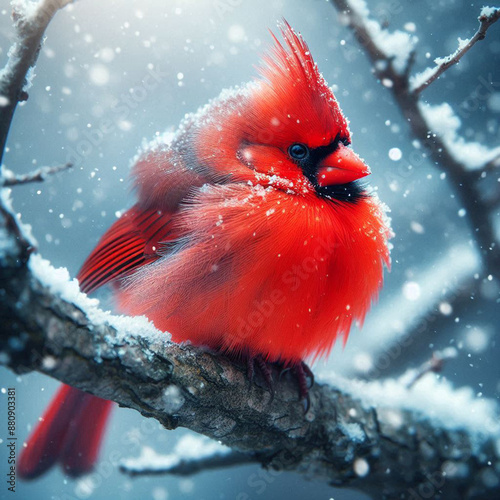 Close-up Northern Cardinal perching on branch,Bird Photography